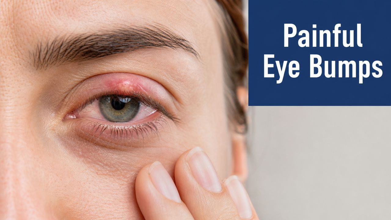 Een close-up van een ooglid met een pijnlijk rood bultje, mogelijk een strontje of chalazion, bij een vrouw.