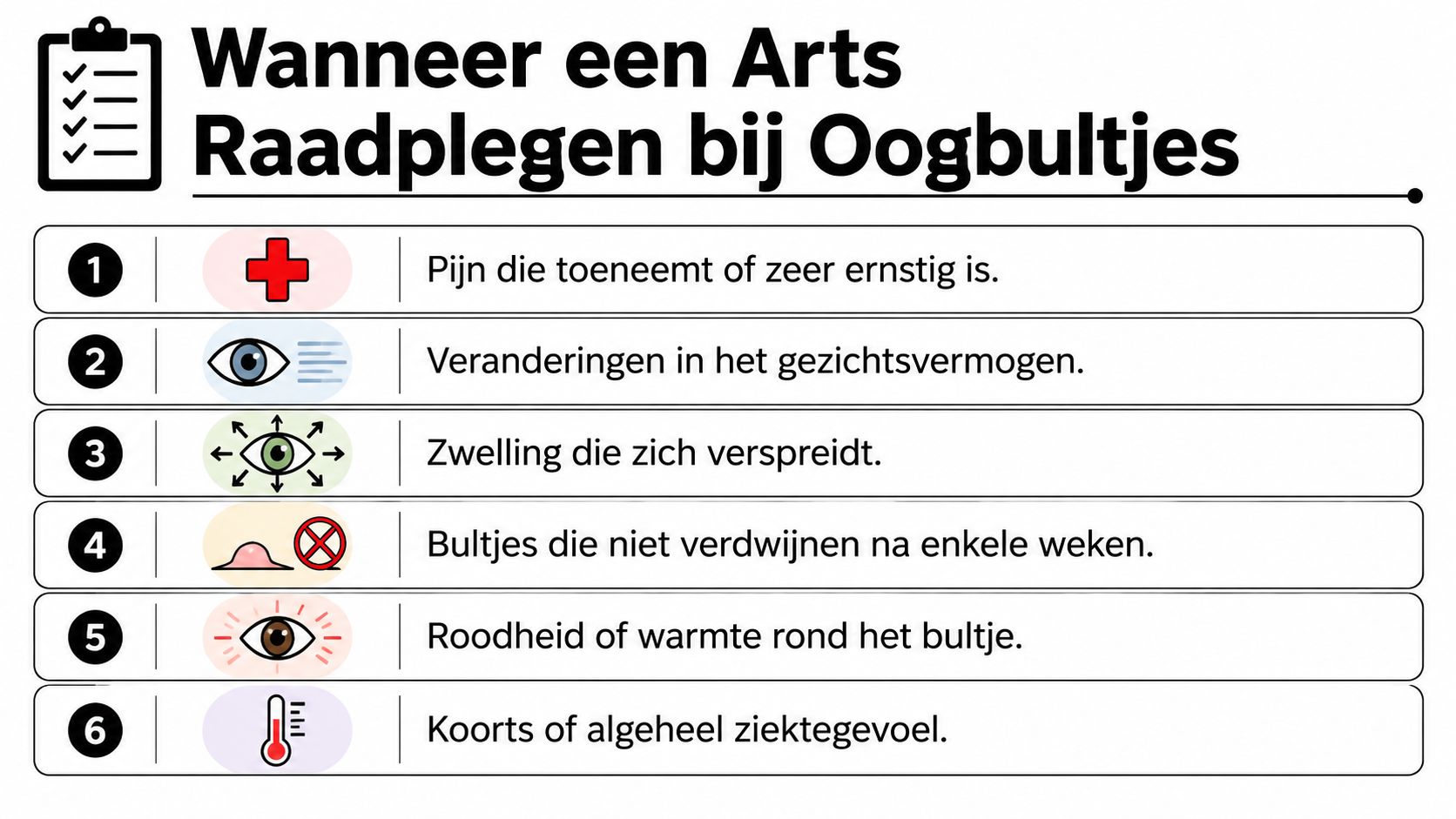 Een informatieve infographic in het Nederlands over wanneer men een arts moet raadplegen bij oogbultjes.