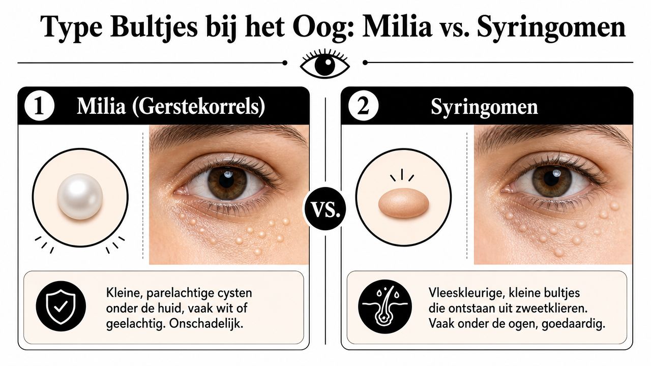 Een infographic die het verschil toont tussen milia of gerstekorrels en syringomen bij de ogen.
