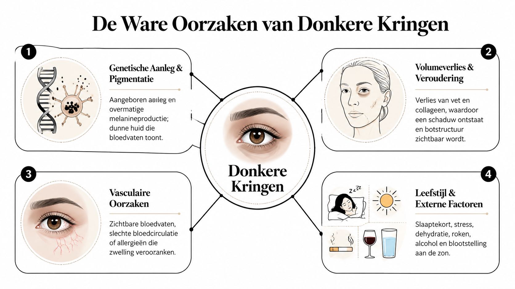 Een informatieve infographic in het Nederlands over de verschillende wetenschappelijke oorzaken van donkere kringen onder de ogen.