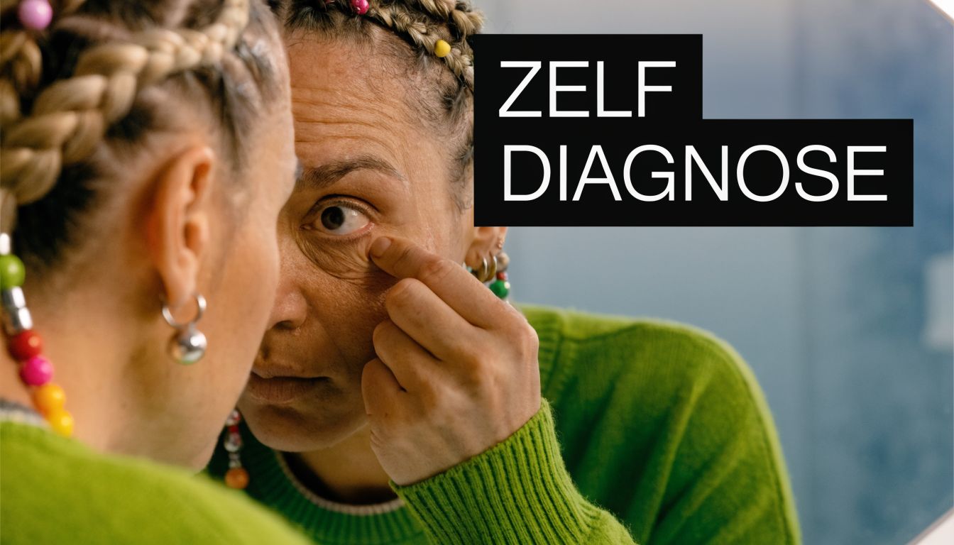 Een persoon in een groene trui onderzoekt aandachtig haar donkere kringen onder de ogen in de spiegel.