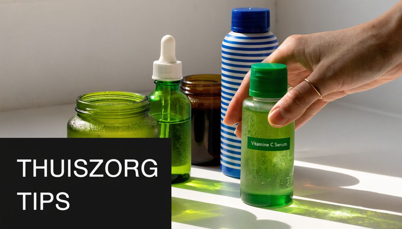 Een hand die een flesje vitamine C serum vasthoudt bij verschillende andere huidverzorgingsproducten voor thuisgebruik.