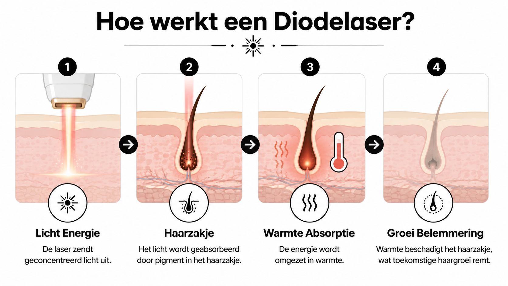 Een informatieve infographic die in vier stappen uitlegt hoe een diodelaser werkt voor effectieve haarverwijdering.