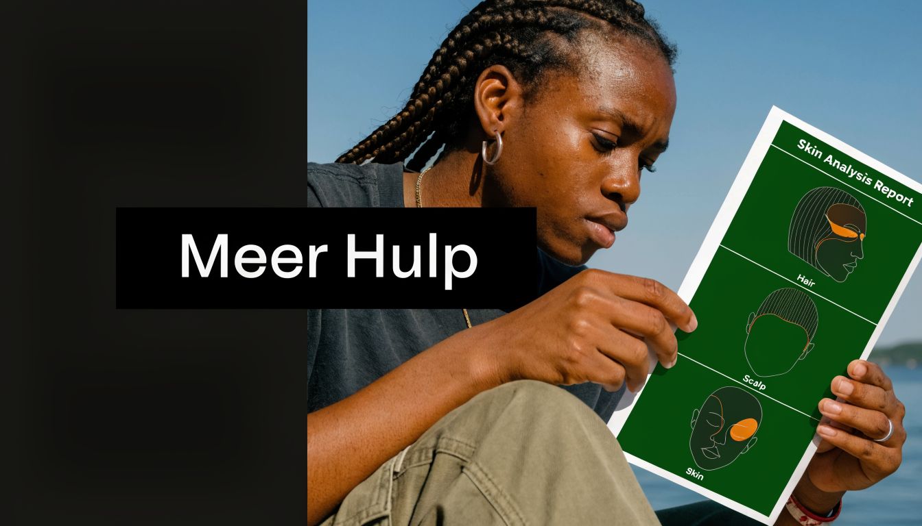 Een persoon bekijkt een huidanalyse-rapport met illustraties voor haar, hoofdhuid en huidgezondheid in de buitenlucht.