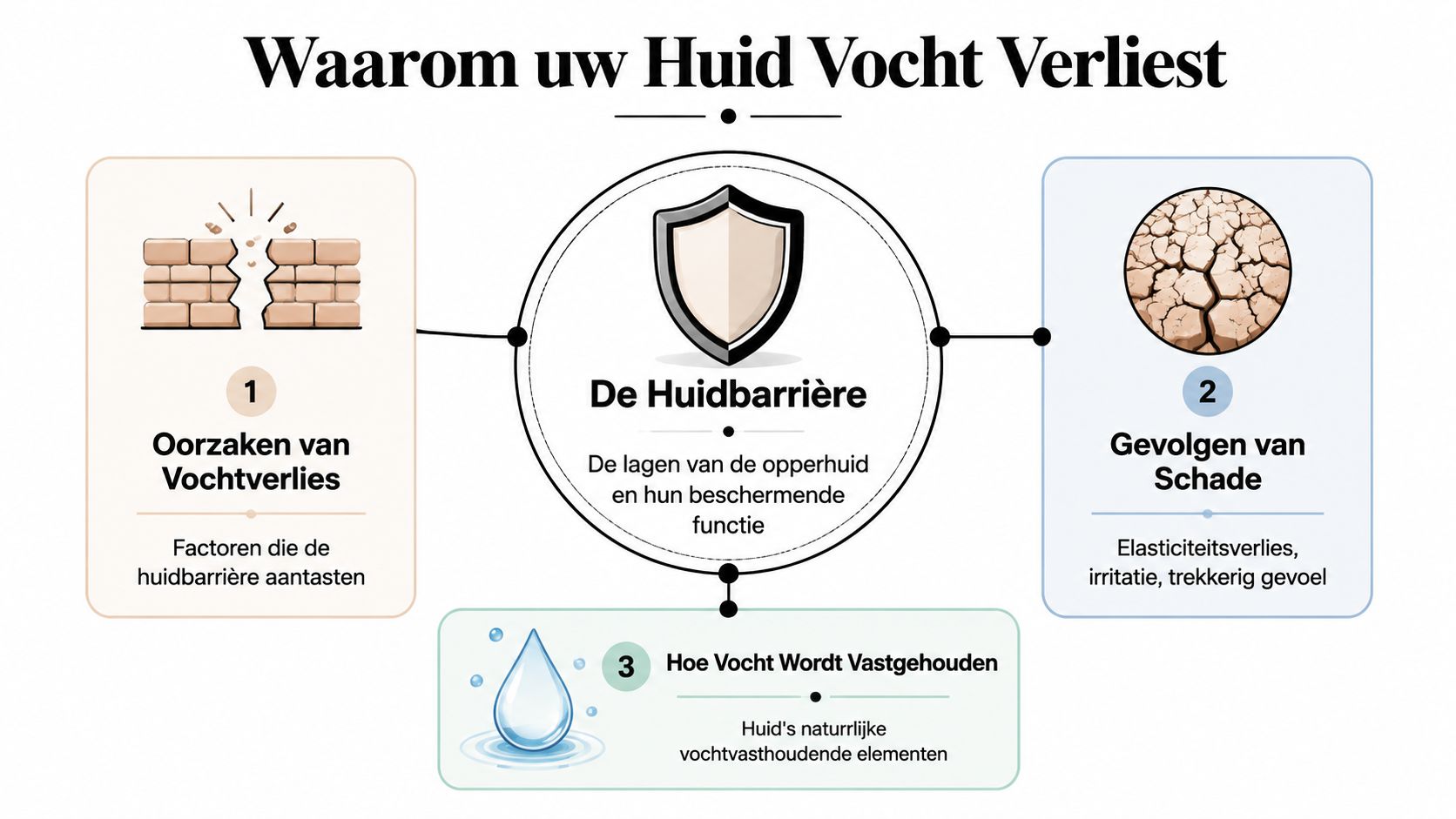 Een educatieve infographic die uitlegt waarom de huid vocht verliest, de huidbarrière en de gevolgen van huidschade.