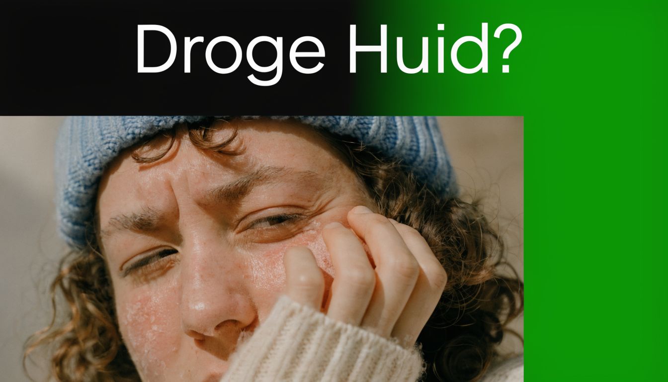 Een close-up van een persoon met een droge, schilferige huid in het gezicht die haar wang aanraakt.