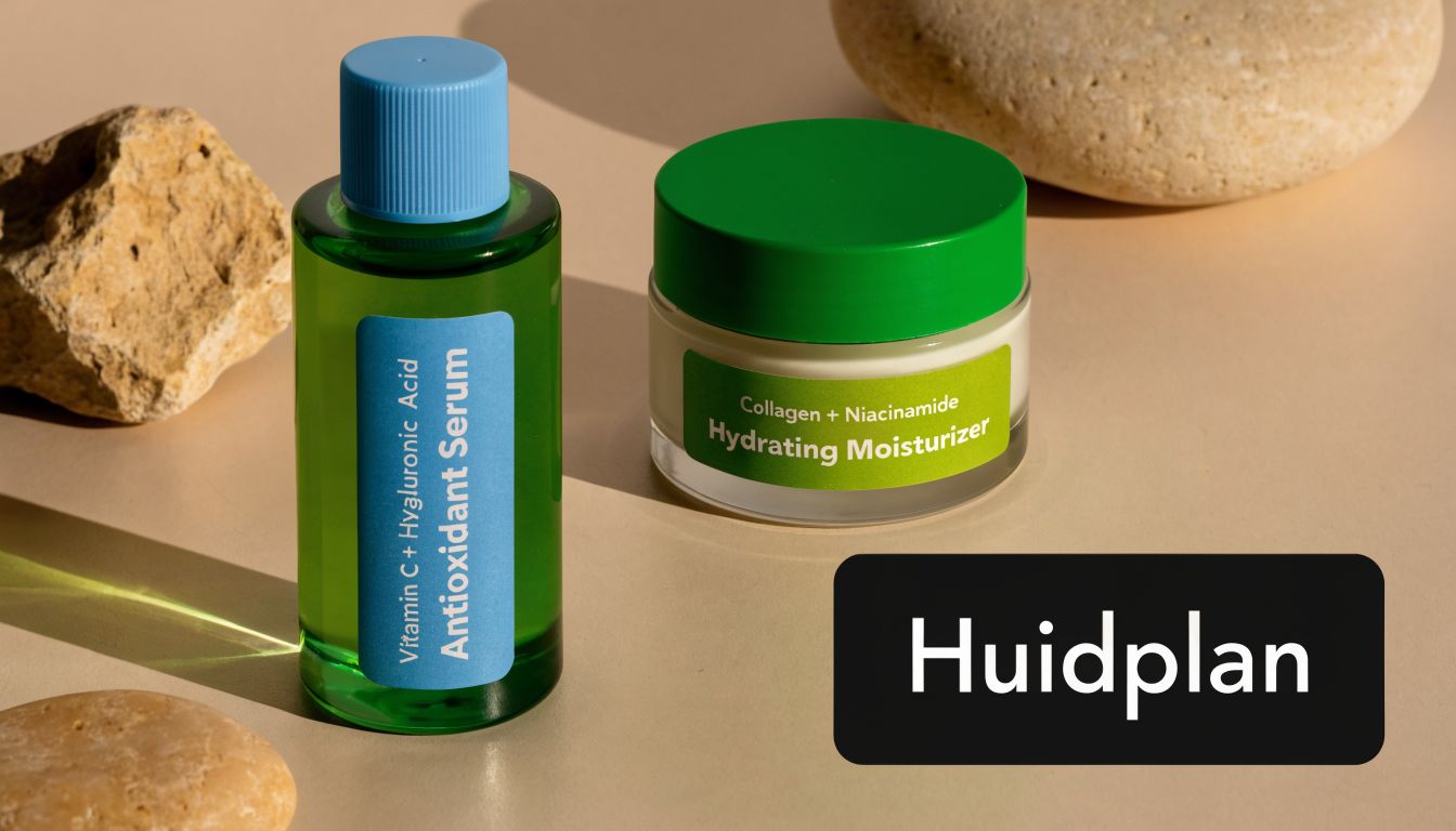 Een flesje antioxidant serum en een potje hydraterende crème naast natuurlijke stenen op een beige achtergrond.