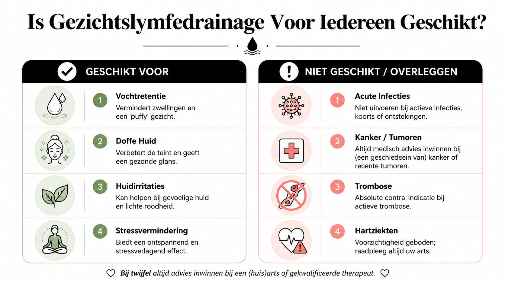 Een overzicht van wanneer gezichtslymfedrainage geschikt is en wanneer u medisch advies moet inwinnen bij contra-indicaties.