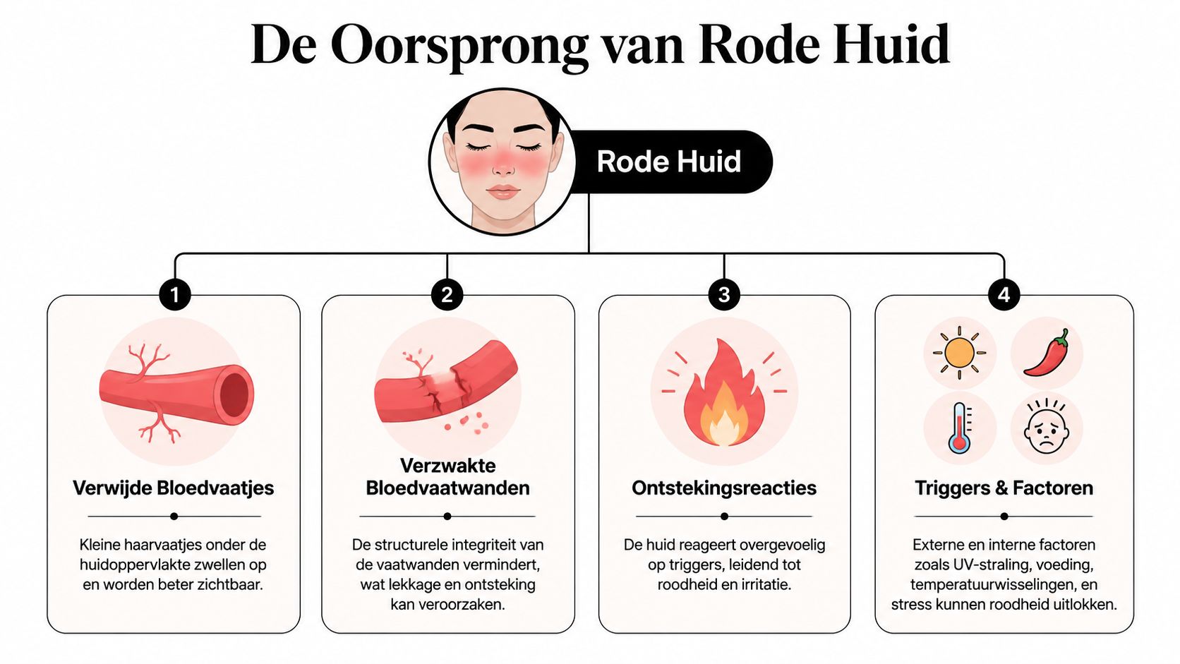 Een infografiek die de vier belangrijkste oorzaken van roodheid in het gezicht illustreert en verklaart.