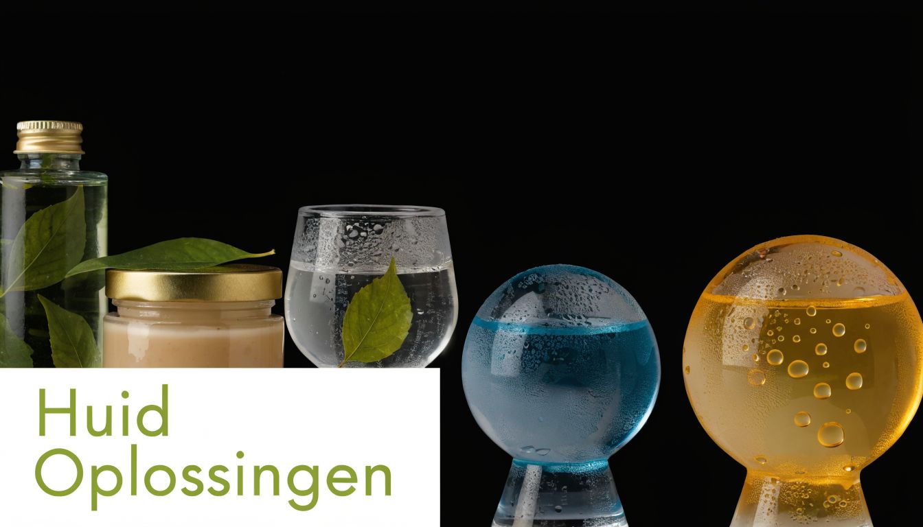 Verschillende glazen containers en bollen met vloeistoffen en blaadjes naast de tekst Huid Oplossingen tegen een zwarte achtergrond.