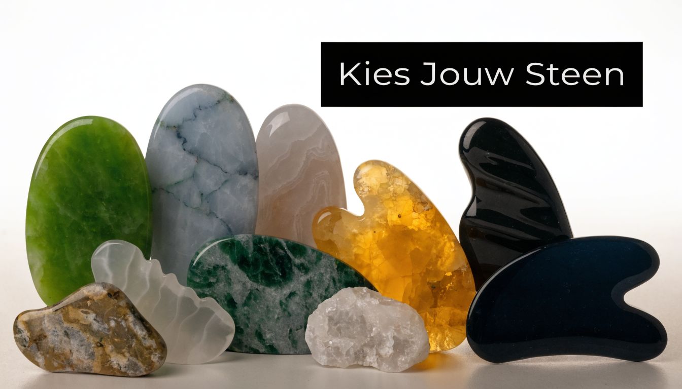 Een assortiment van kleurrijke gua sha-stenen en kristallen uitgestald op een witte achtergrond voor huidverzorging.