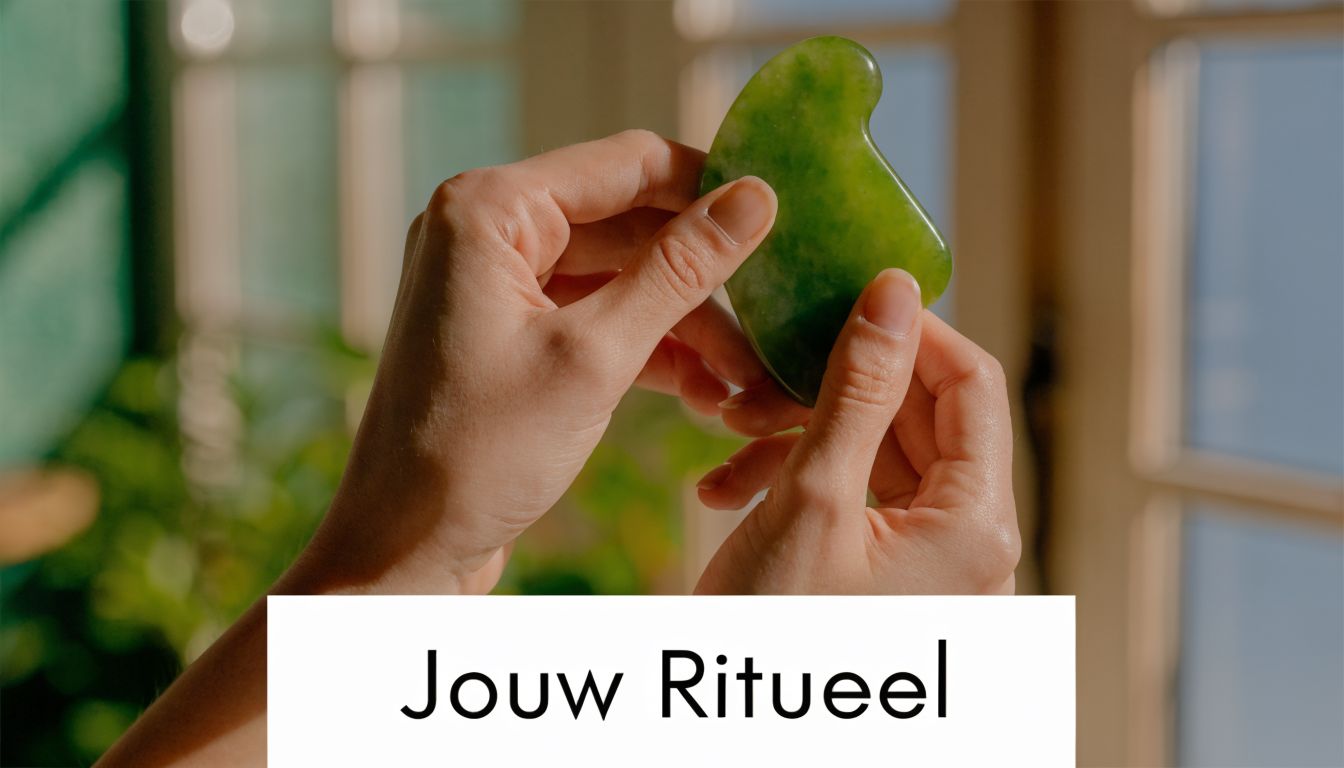 Een persoon houdt een groene gua sha steen van jade vast voor een licht venster.