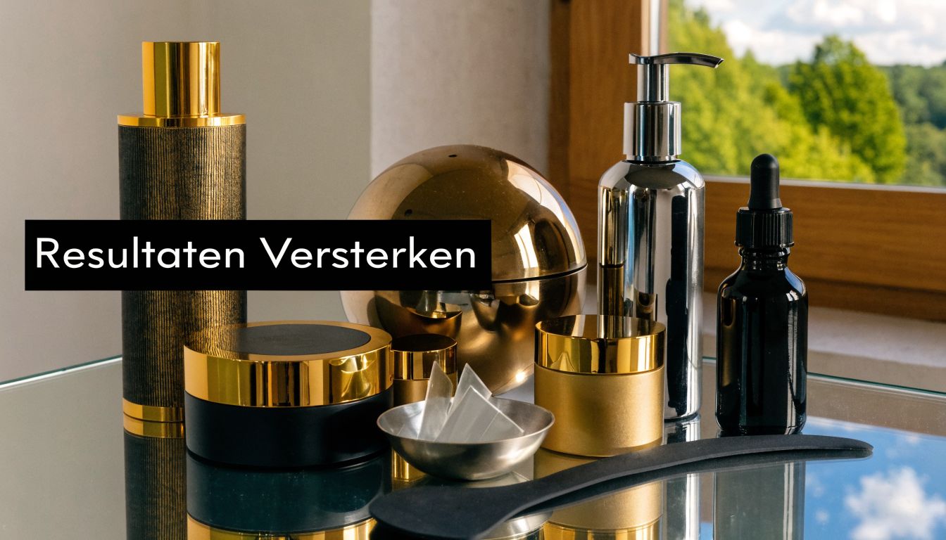 Een verzameling luxe huidverzorgingsproducten, waaronder een gua sha steen, op een glanzende ondergrond bij het raam.