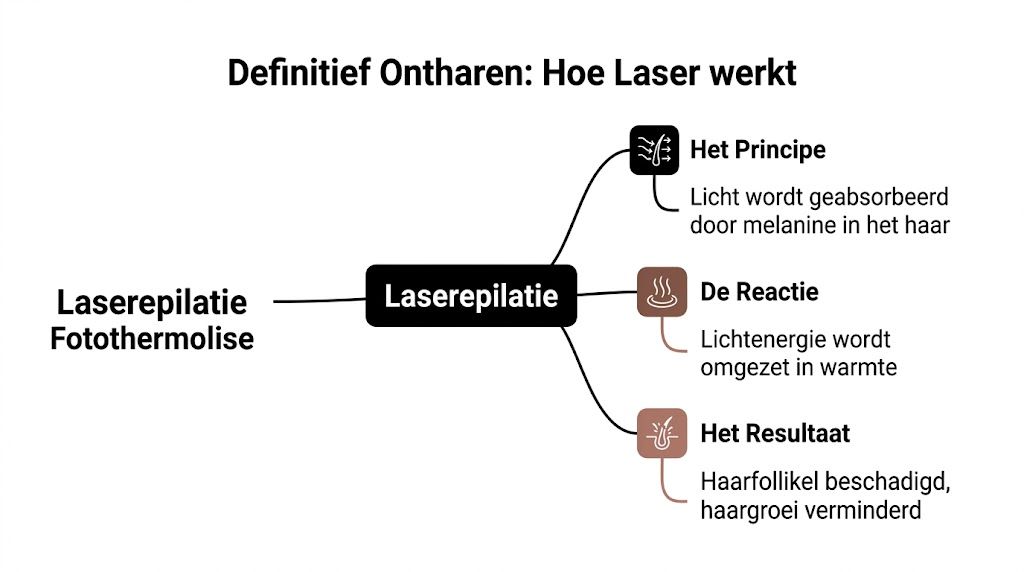 Een overzicht van het laserontharingsproces uitgelegd via het wetenschappelijke principe van selectieve fotothermolyse bij haarzakjes.