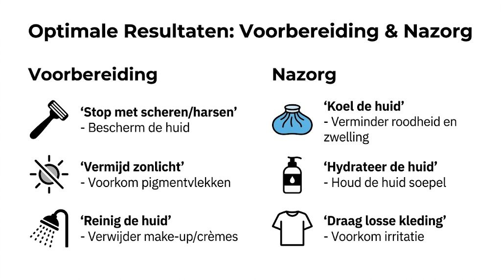 Een overzicht van voorbereiding en nazorg voor een huidbehandeling, met tips zoals scheren stoppen en hydrateren.