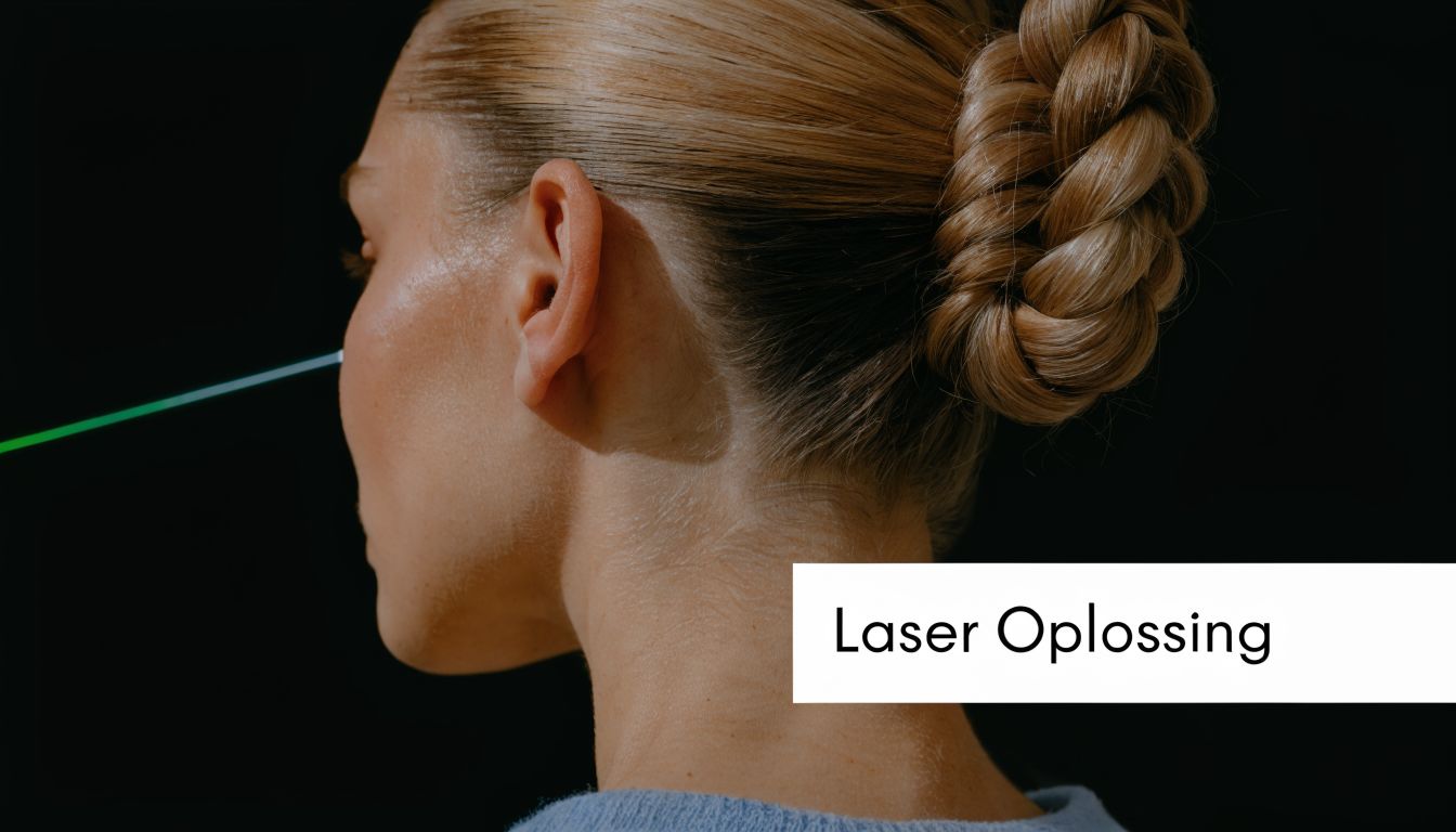 Een zijaanzicht van een vrouw die een laserbehandeling ondergaat voor haar huid, met de tekst Laser Oplossing.