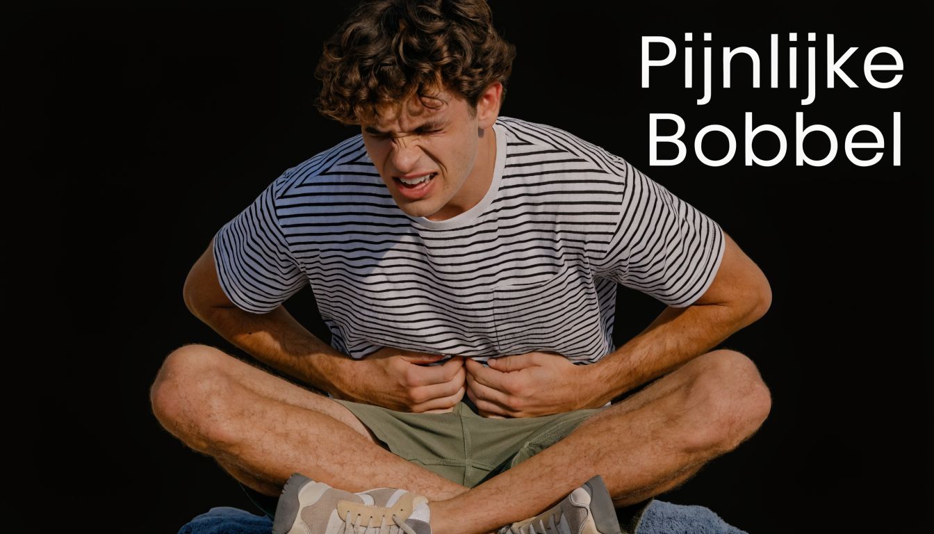 Jonge man met pijnlijke buikpijn die ongemakkelijk op de grond zit en zijn buik vasthoudt met zijn handen.