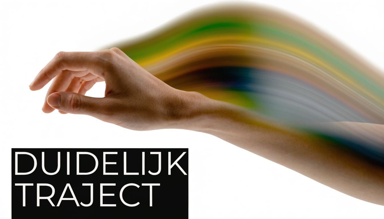Een menselijke hand die reikt naar een abstracte, kleurrijke lichtstroom boven de tekst DUIDELIJK TRAJECT.