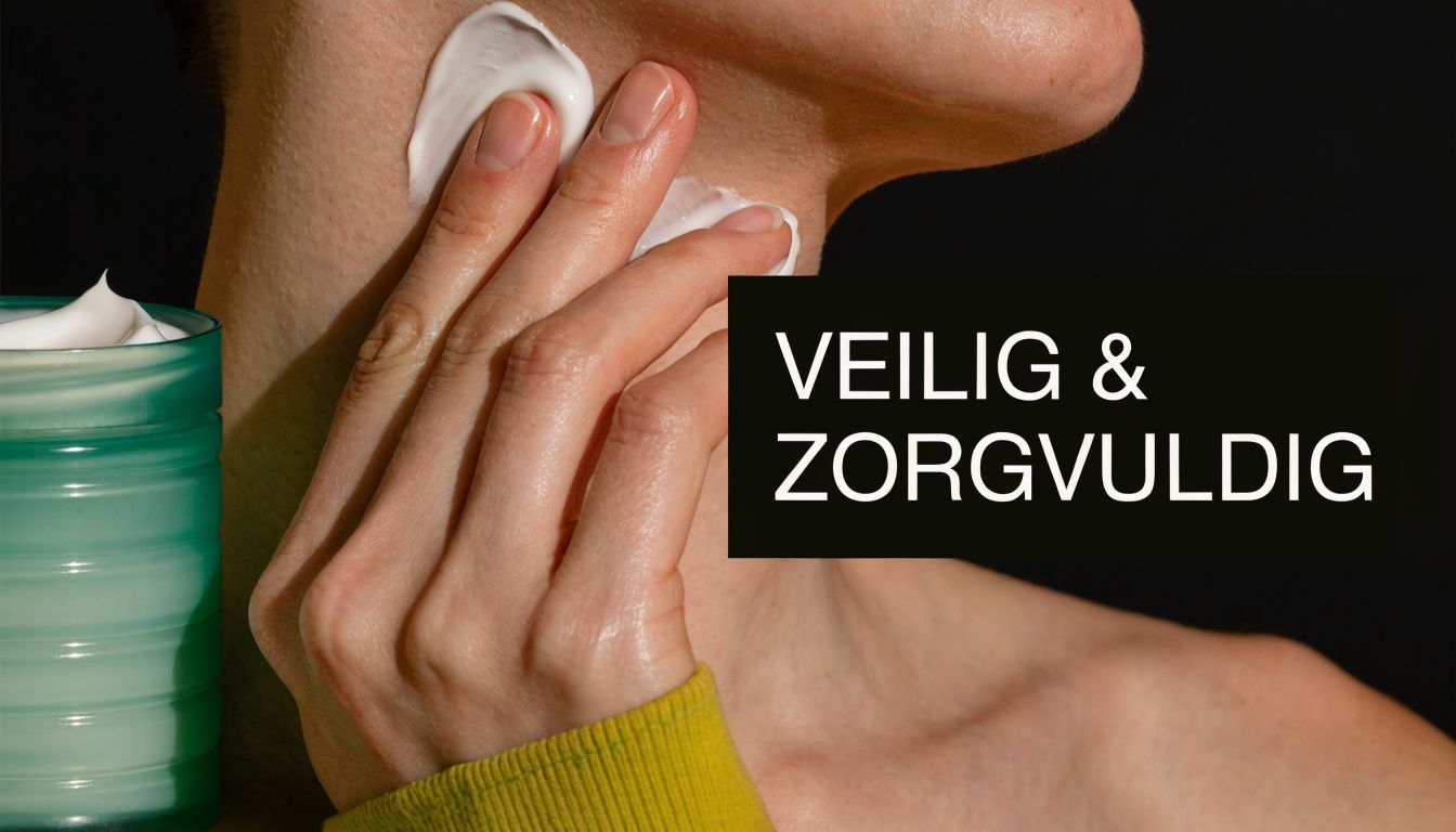 Een persoon brengt voorzichtig een witte verzorgende crème aan op de huid van de hals en de nek.