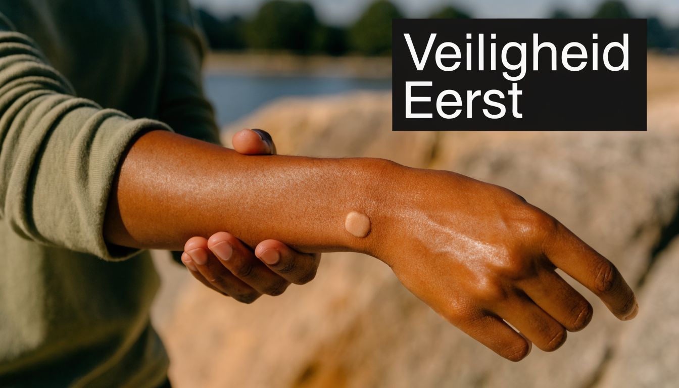 Een persoon brengt een druppel zonnebrandcrème aan op hun onderarm in de buitenlucht met de tekst Veiligheid Eerst.