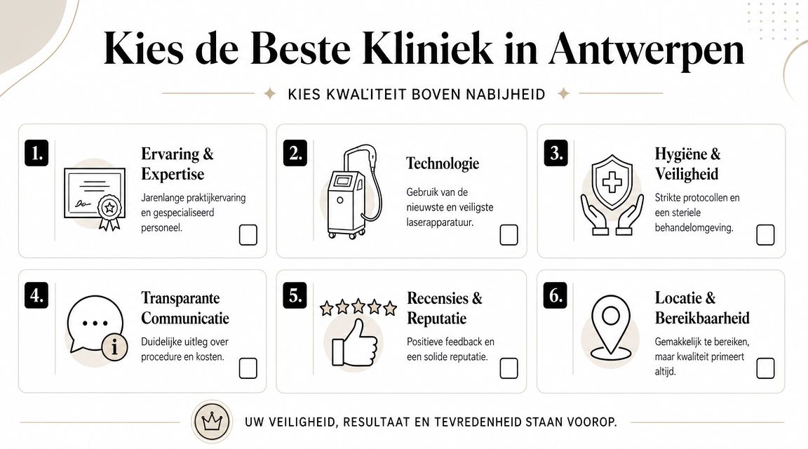 Een overzicht met zes belangrijke criteria voor het kiezen van de beste laserontharingskliniek in Antwerpen.