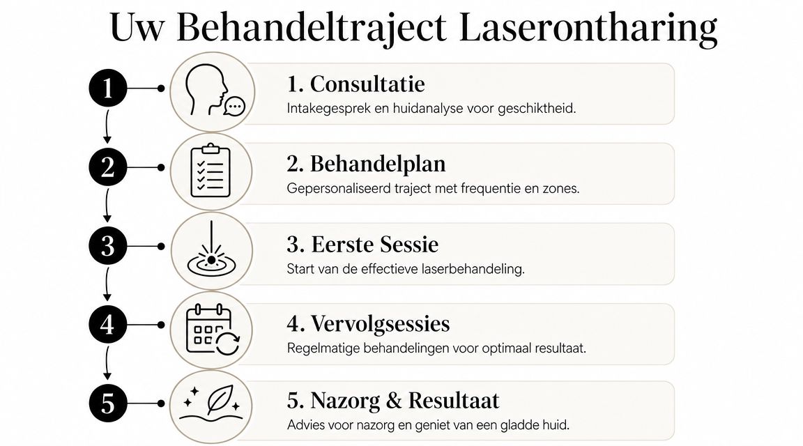 Een stappenplan voor het laserontharingstraject met vijf duidelijke fasen van consultatie tot aan het definitieve resultaat.