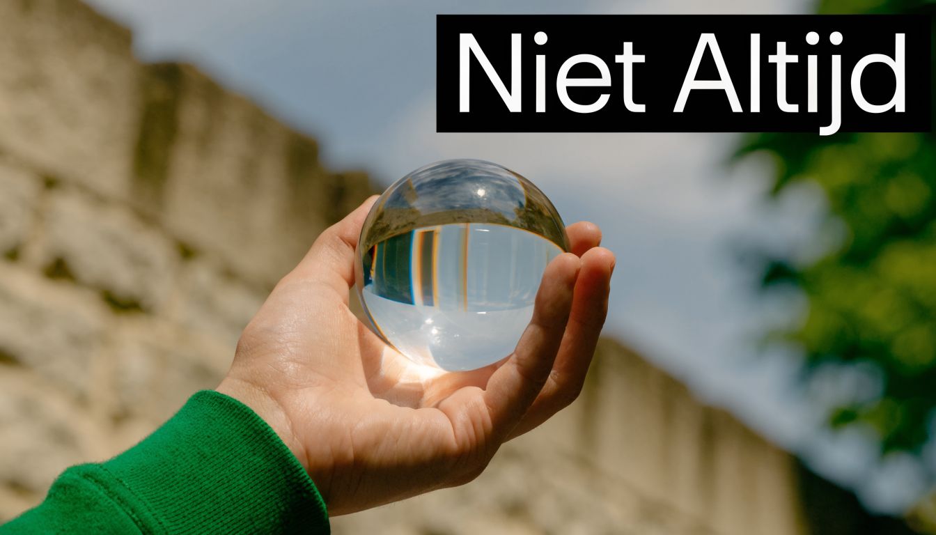 Een hand die een kristallen bol vasthoudt met de tekst 'Niet Altijd' tegen een vage achtergrond.