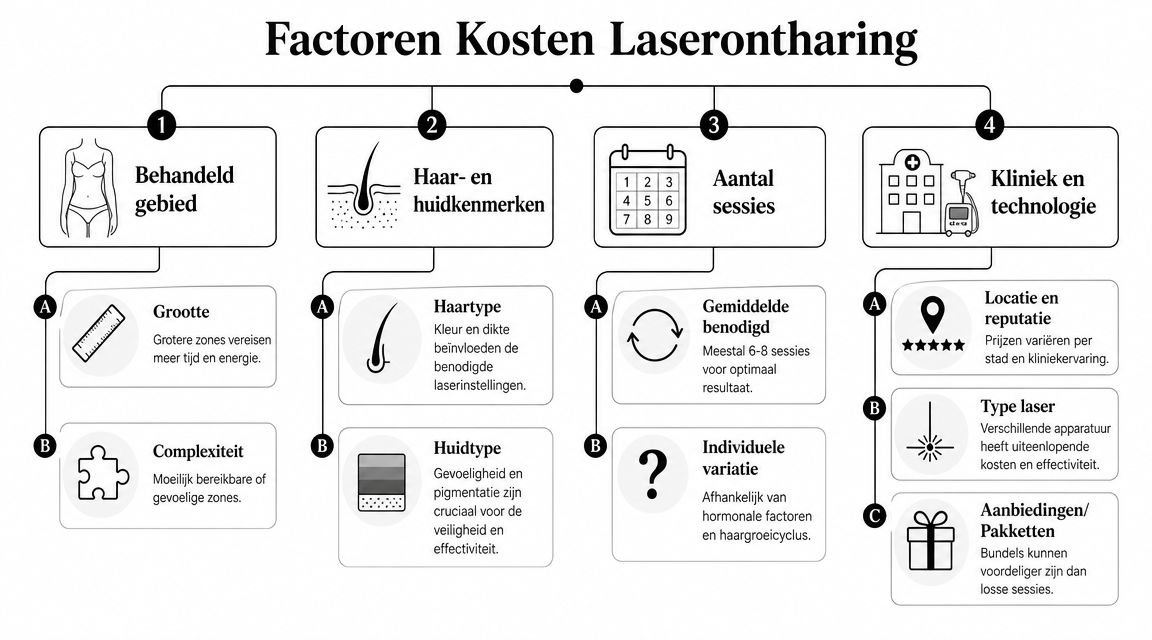 Een overzichtelijk schema over de verschillende factoren die de kosten van laserontharing beïnvloeden, zoals gebied en techniek.
