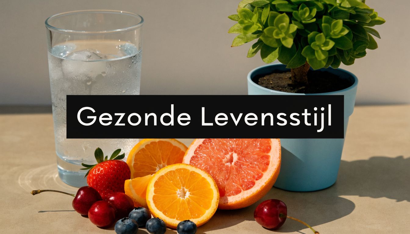 Een glas water, vers fruit zoals aardbeien en sinaasappels, en een klein plantje voor een gezonde levensstijl.