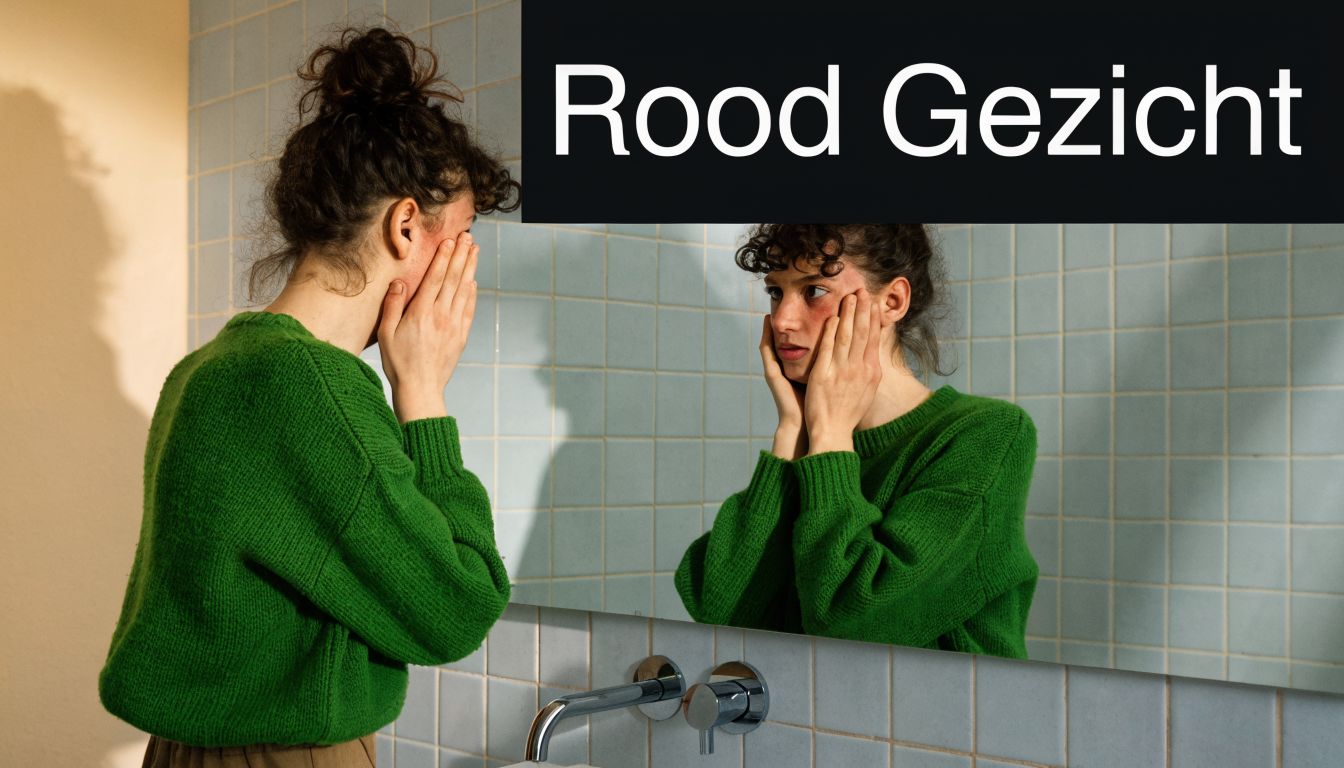 Een persoon in een groene trui bekijkt bezorgd hun roodheid in het gezicht in de badkamerspiegel.
