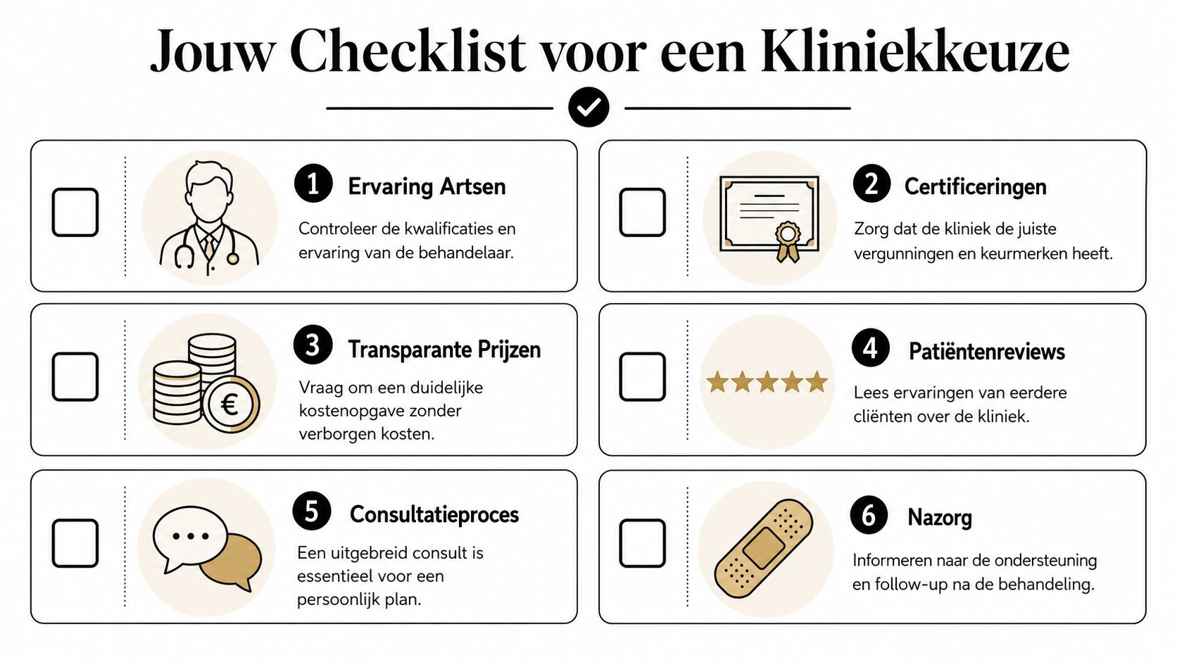 Een informatieve checklist met zes essentiële stappen voor het kiezen van de juiste kliniek voor medische behandelingen.