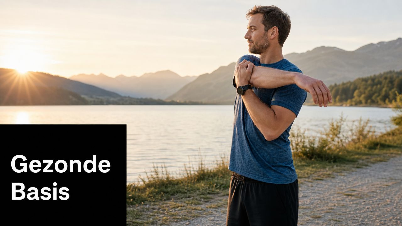 Een sportieve man rekt zijn armen op een pad langs een rustig meer bij zonsondergang.