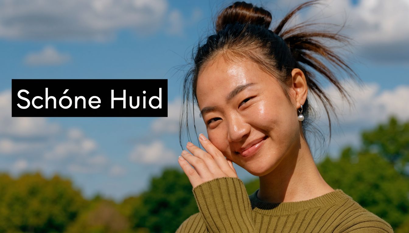 Een stralende jonge vrouw met een gezonde, egale huid lacht vriendelijk in de buitenlucht.