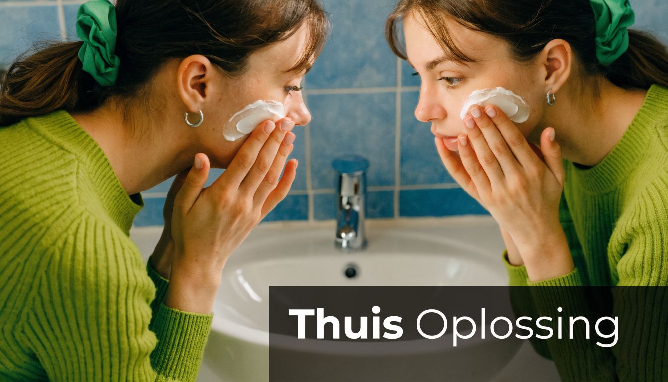 Een jonge vrouw kijkt in de spiegel terwijl ze reinigingscrème op haar gezicht aanbrengt in de badkamer.