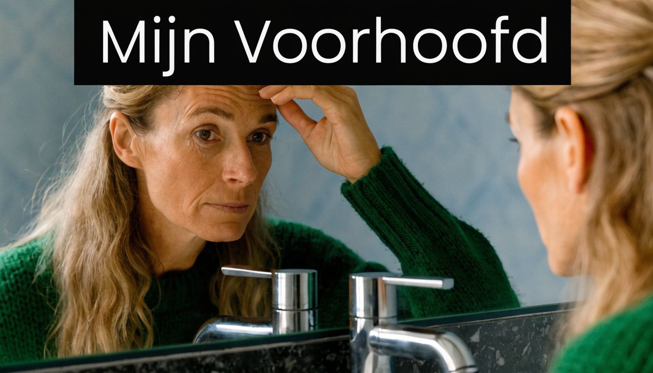Een vrouw kijkt bezorgd naar haar voorhoofd terwijl ze in de spiegel kijkt en haar rimpels inspecteert.