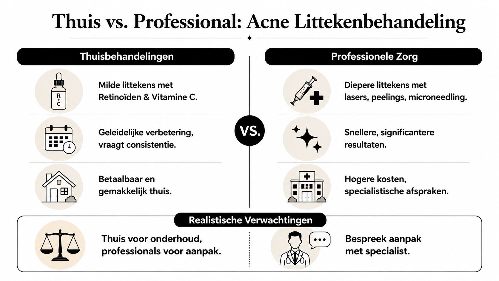 Een infographic die thuisbehandelingen en professionele zorg voor het verwijderen van acne littekens met elkaar vergelijkt.