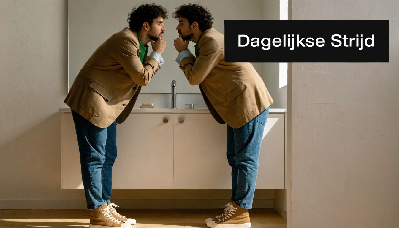 Een man kijkt naar zijn spiegelbeeld in de badkamer, wat symbool staat voor zijn dagelijkse strijd met huidproblemen.