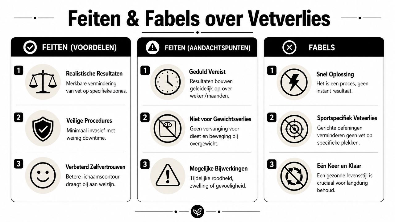 Een overzicht van feiten en fabels over vetverlies met uitleg over realistische resultaten en aandachtspunten bij behandelingen.