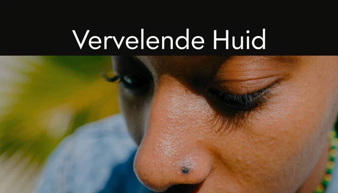 Een close-up van een gezicht met een zwarte vlek op de neus en tekenen van vervellende huid.