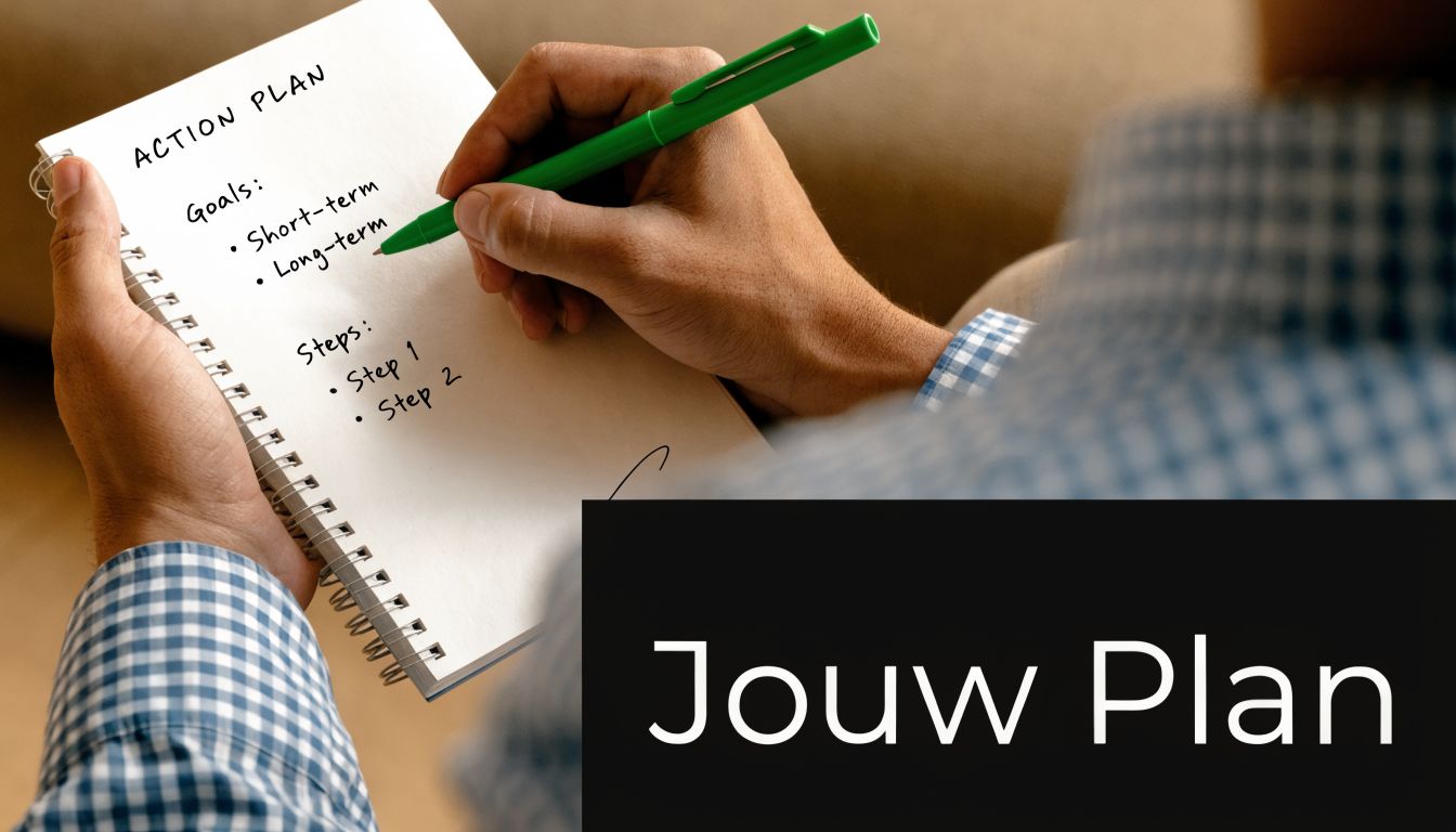 Een persoon schrijft een actieplan met doelen en stappen in een notitieboek voor persoonlijke ontwikkeling.