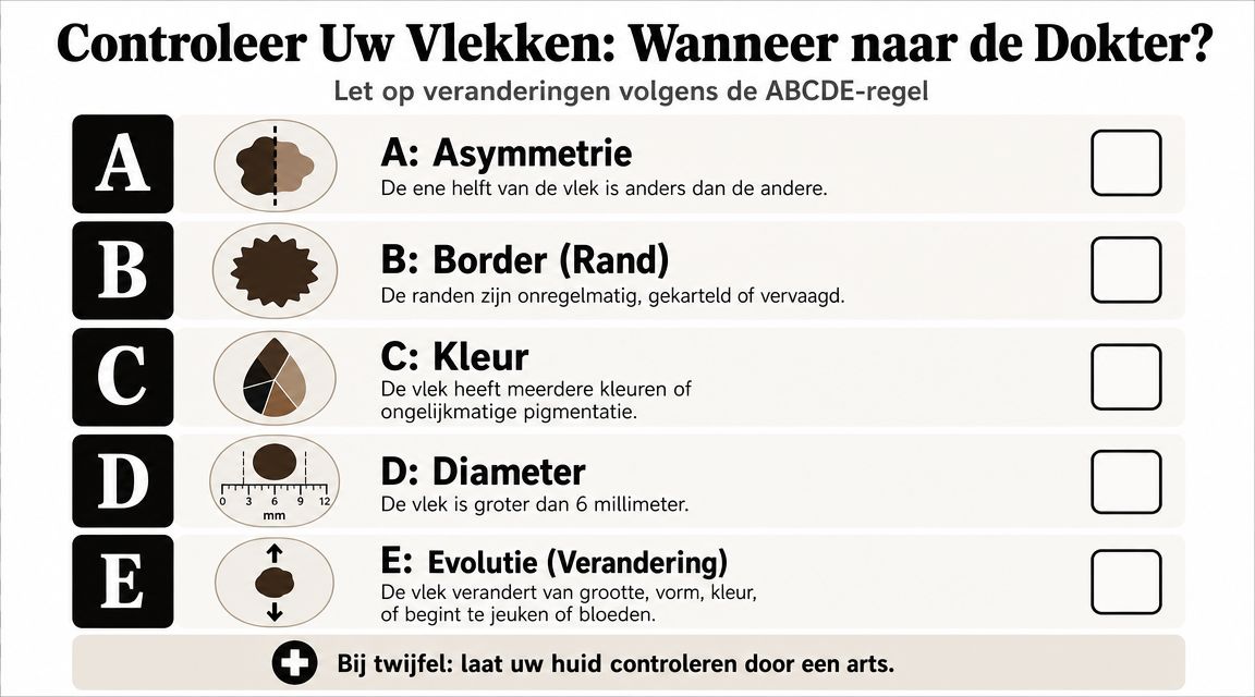 Een infografiek die de ABCDE-regel toont voor het controleren van huidvlekken op tekenen van melanoom.
