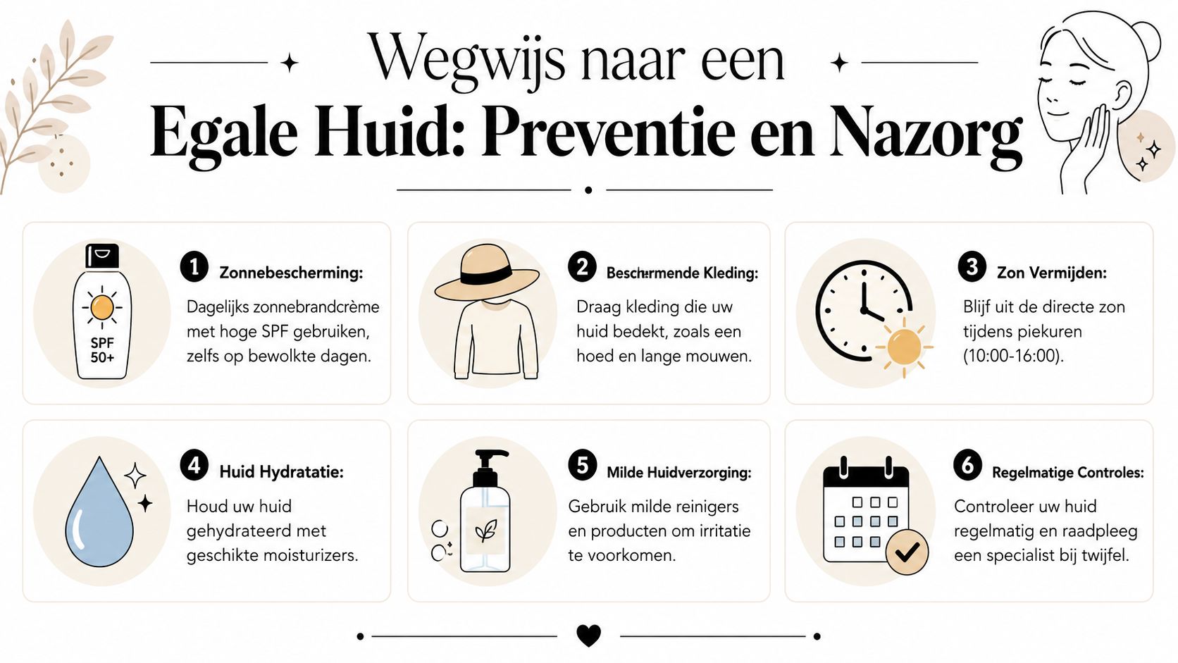 Een informatieve infographic met zes stappen voor een egale huid en goede zonbescherming en nazorg.