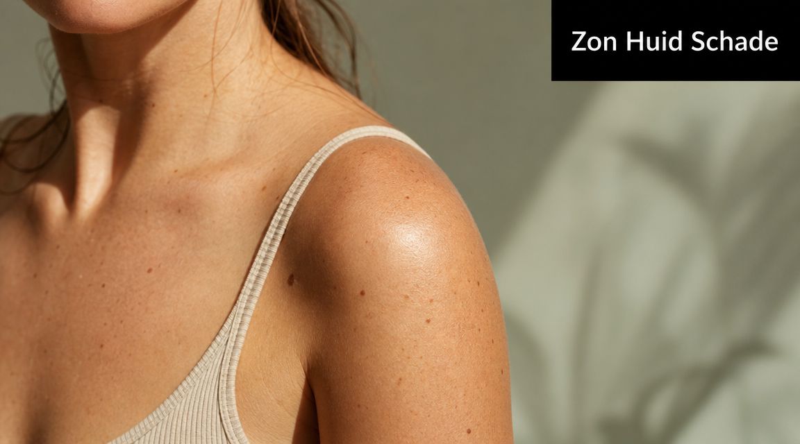 Een close-up van een schouder en nek met zichtbare zonneschade, zoals sproeten en pigmentvlekken op de huid.