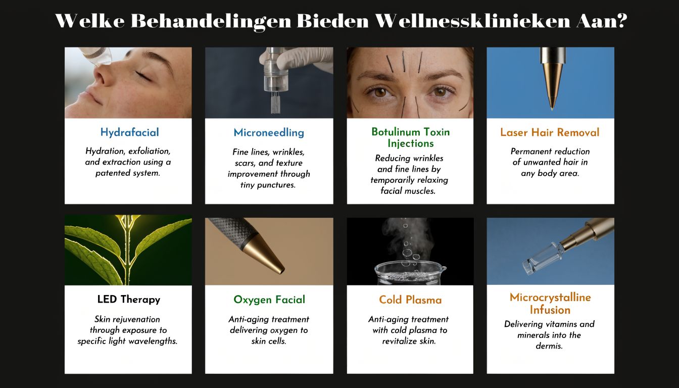 Een overzicht van verschillende cosmetische behandelingen aangeboden door wellnessklinieken, inclusief facials, lasertherapie en huidverjongende procedures.