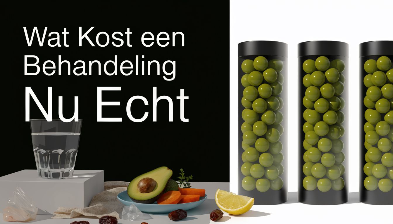 Een artistieke weergave van een gezonde levensstijl met avocado, groenten, water en supplementen in transparante kokers.