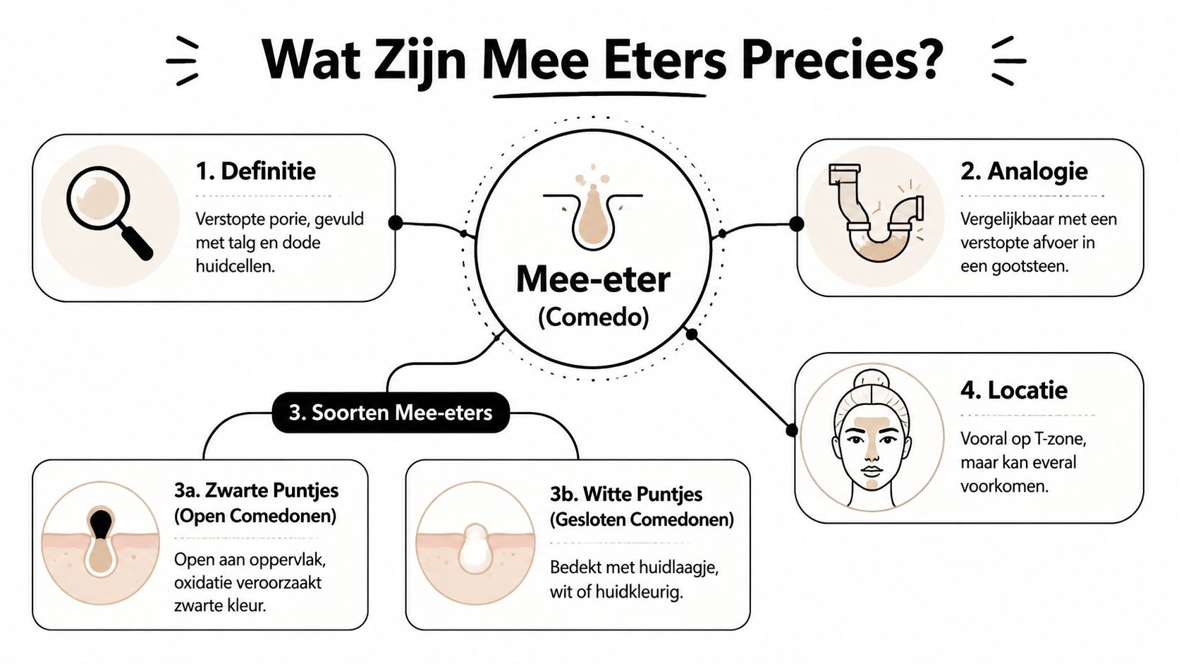 Een educatieve infographic die uitlegt wat mee-eters zijn, hun oorzaken, locaties en de verschillende soorten mee-eters.