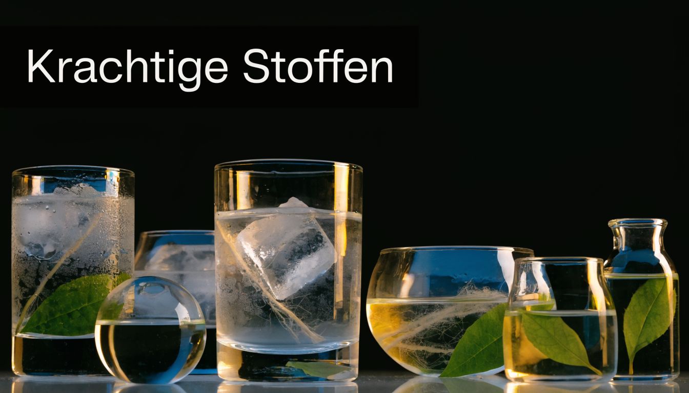 Een artistieke compositie van glazen met heldere vloeistof, ijsblokjes en verse groene bladeren tegen zwarte achtergrond.