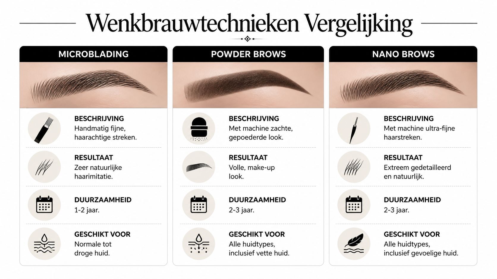 Vergelijkingstabel van wenkbrauwtechnieken zoals microblading, powder brows en nano brows voor cosmetische tatoeages.