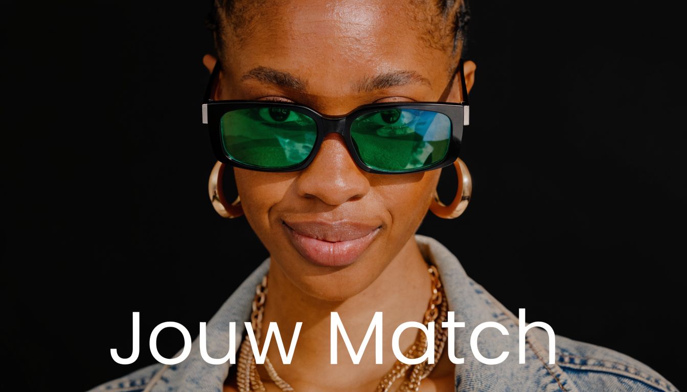 Een zelfverzekerde vrouw draagt een moderne zonnebril met groene glazen en gouden oorbellen tegen een zwarte achtergrond.