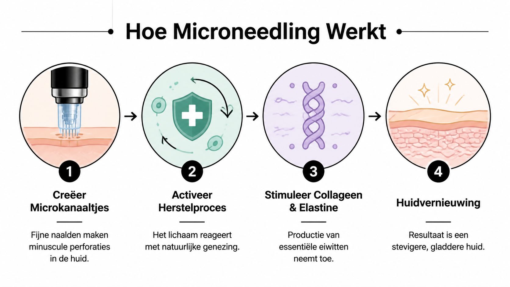 Een infographic die de vier stappen van het microneedling proces uitlegt voor huidverjonging en herstel.